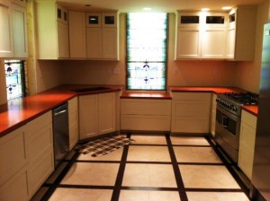 View of the countertops in historic kitchen.
