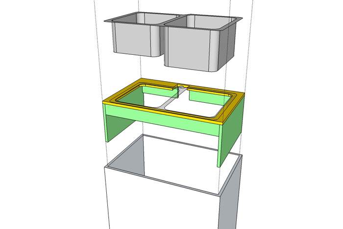 diagram of how undermount sink and bracing fit inside kitchen cabinet