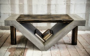 V shaped concrete table with dark wood legs and top