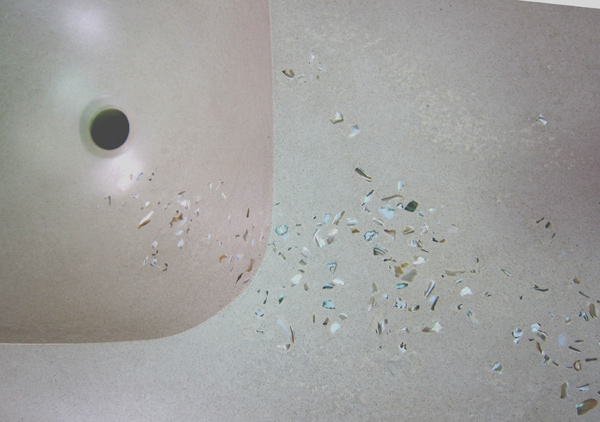 light gray concrete sink integral with mother of pearl embedments